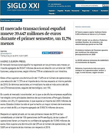 El mercado transaccional espaol mueve 39.647 millones de euros durante el primer semestre, un 11,7% menos